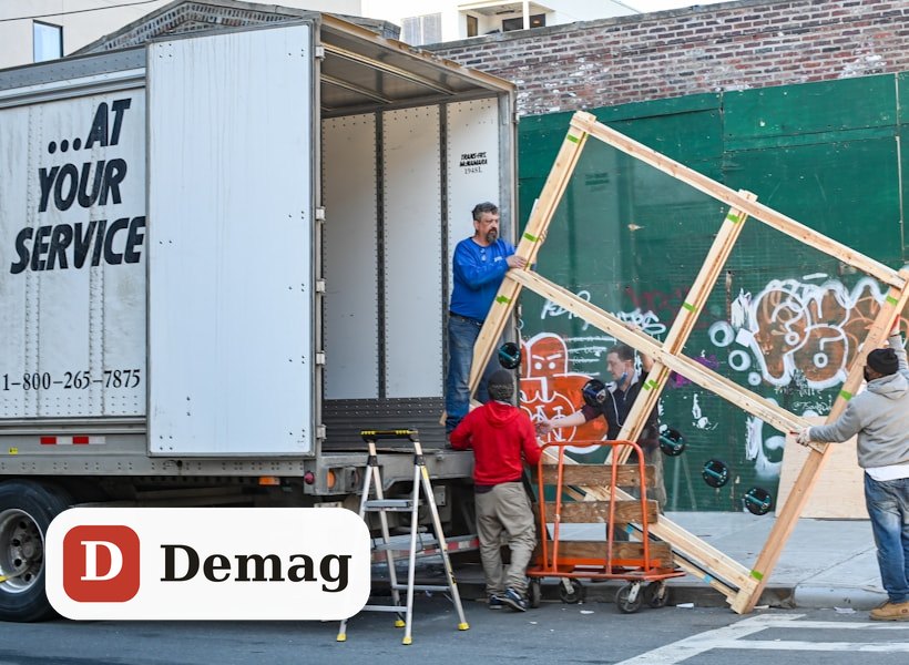 Déménageurs Demag transportant des meubles